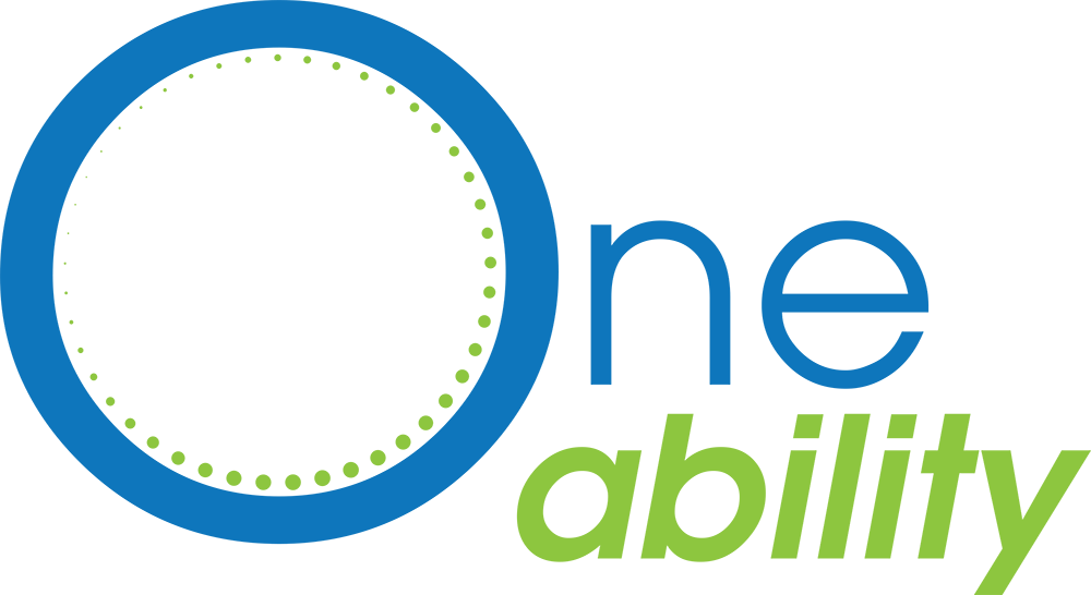 A transparent background with the large lime green word "One" positioned towards the left side. To the bottom right of the image, the word "ability".