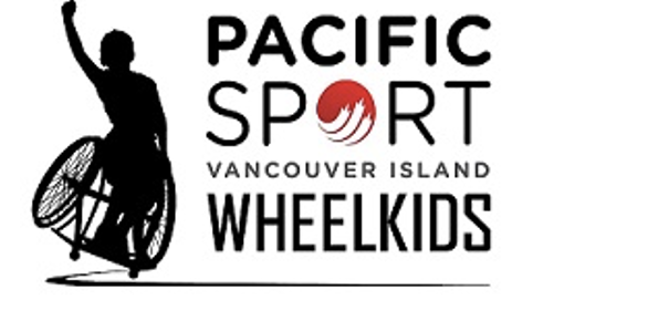 A logo for 'Pacific Sport Vancouver Island WheelKids'. On the left side of the logo, there is a silhouette of a person in a wheelchair raising one hand upwards, symbolizing motion and activity. To the right, the words 'PACIFIC SPORT' are written in bold black letters, above a stylized graphic of a red swirl resembling a flame or wave. Below this graphic are the words 'VANCOUVER ISLAND' in smaller black letters and 'WHEELKIDS' in larger black font at the bottom.
