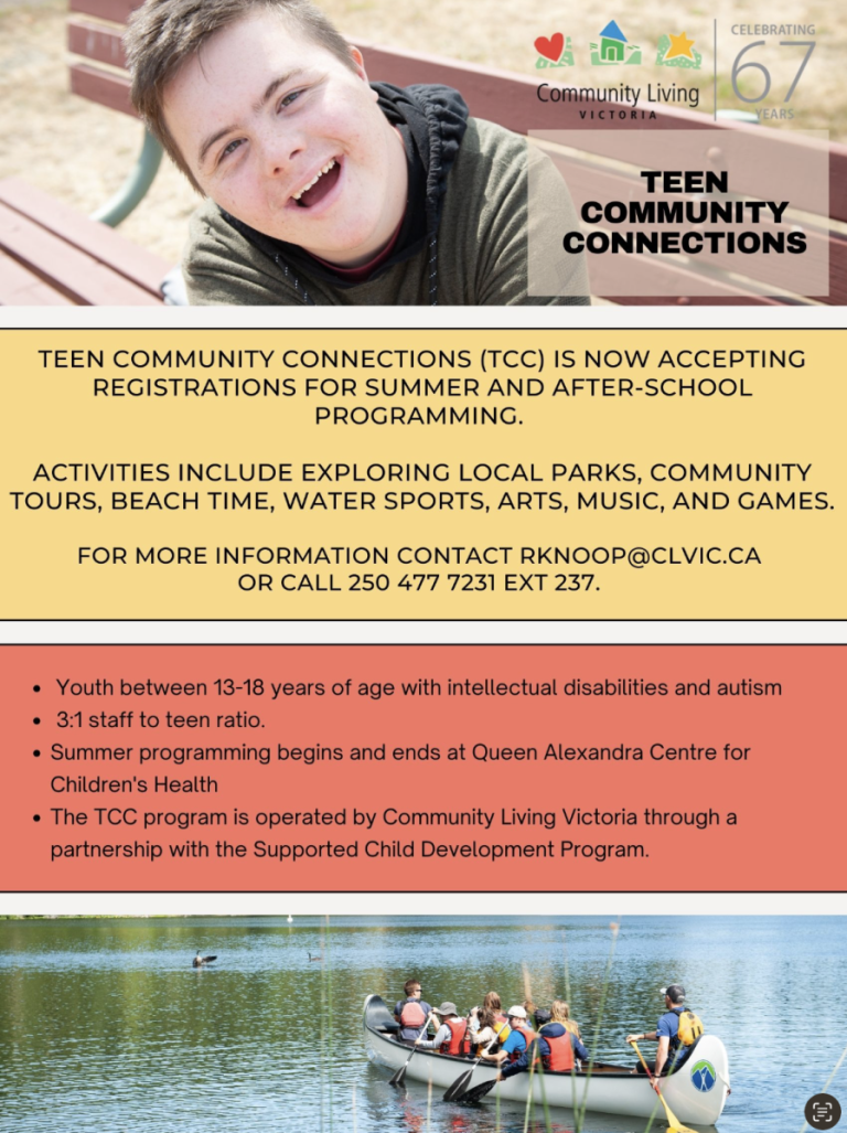 Promotional flyer for 'Teen Community Connections (TCC)'. At the top, a joyful teen sits on a park bench, with the 'Community Living Victoria' logo and the tagline 'Celebrating 67 Years' beside him. Below, bold text announces that TCC is accepting registrations for summer and after-school programming. Activities are listed, such as exploring parks, beach time, and arts. Contact information is provided. Further down, bullet points detail eligibility and program specifics: targeted towards youth with intellectual disabilities and autism, 3:1 staff ratio, affiliation with Queen Alexandra Centre for Children's Health, and partnership with the Supported Child Development Program. At the bottom, an image captures a group of teens paddling in a canoe on a serene lake.